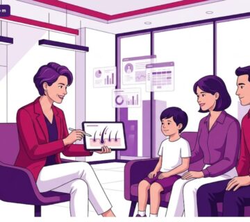 رسم توضيحي عصري يظهر طبيب يشرح عملية زراعة الشعر للاطفال داخل عيادة فاخرة بألوان أرجوانية احترافية 