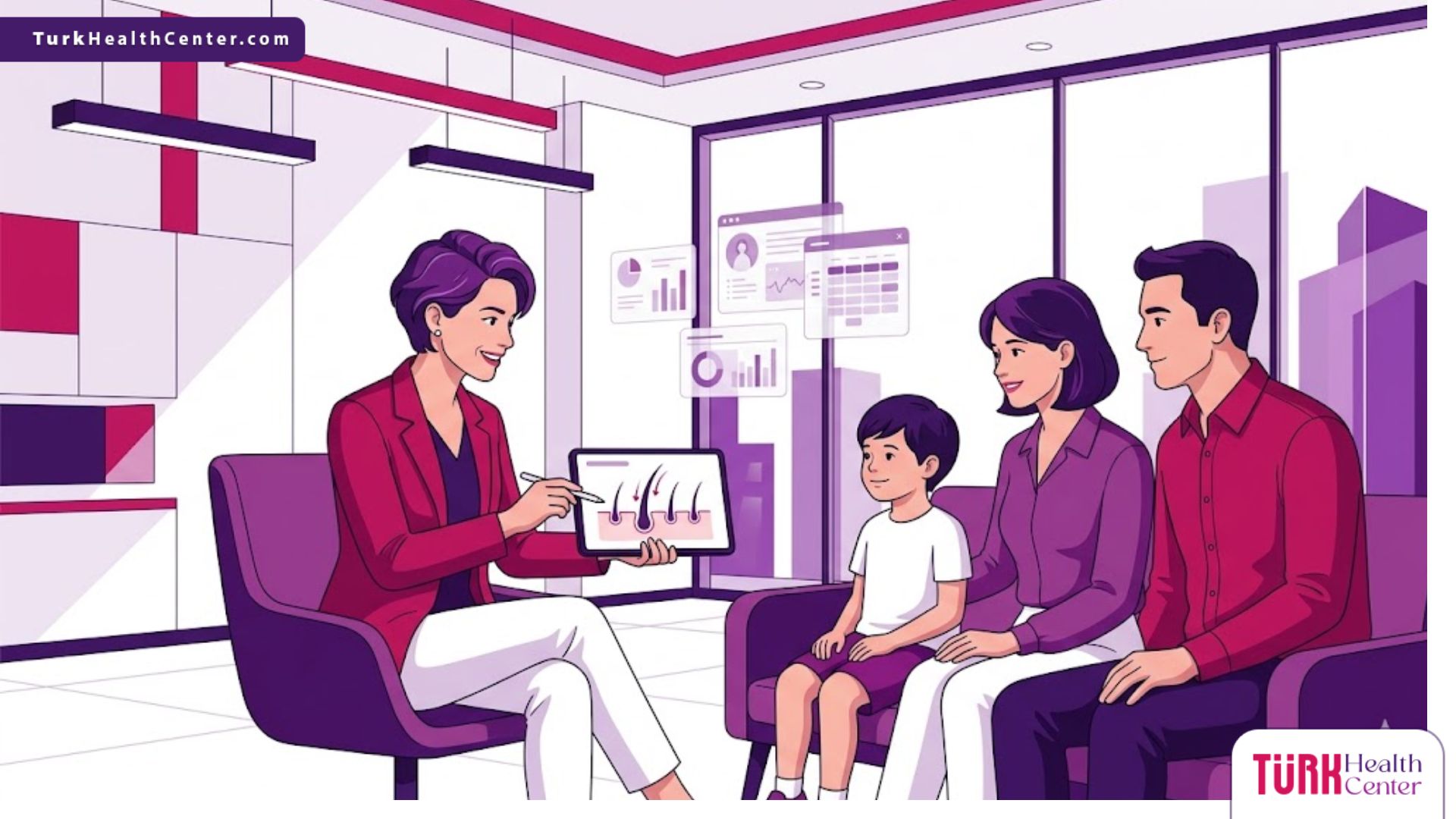 رسم توضيحي عصري يظهر طبيب يشرح عملية زراعة الشعر للاطفال داخل عيادة فاخرة بألوان أرجوانية احترافية 