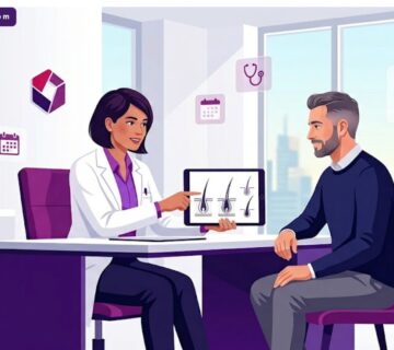 رسوم توضيحية فاخرة تظهر طبيباً يشرح خطوات زراعة الشعر للرجال في عيادة حديثة 