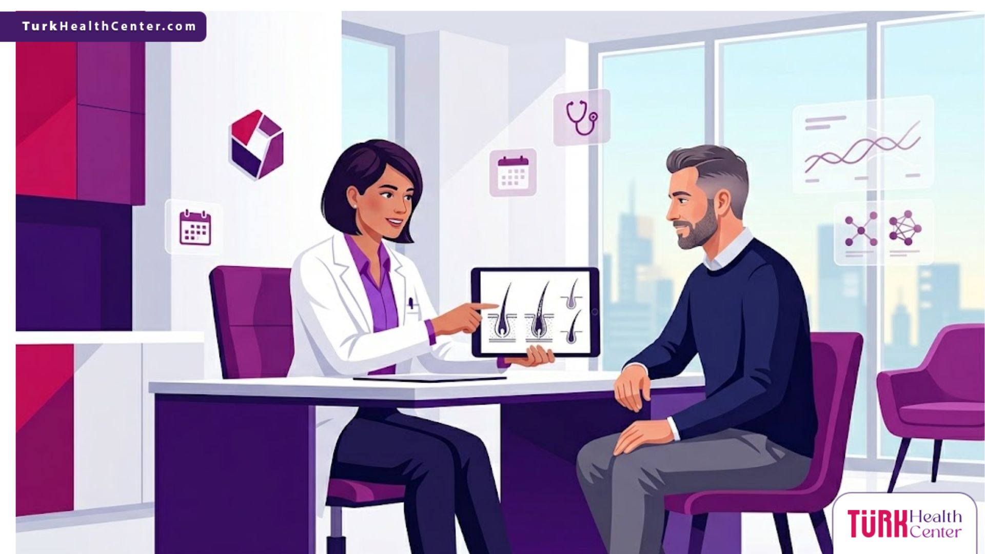 رسوم توضيحية فاخرة تظهر طبيباً يشرح خطوات زراعة الشعر للرجال في عيادة حديثة 