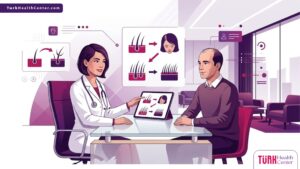 رسم توضيحي عصري لعيادة فاخرة يشرح فيها الطبيب عملية زراعة الشعر للرجال و النساء للمريض 