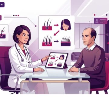 رسم توضيحي عصري لعيادة فاخرة يشرح فيها الطبيب عملية زراعة الشعر للرجال و النساء للمريض 