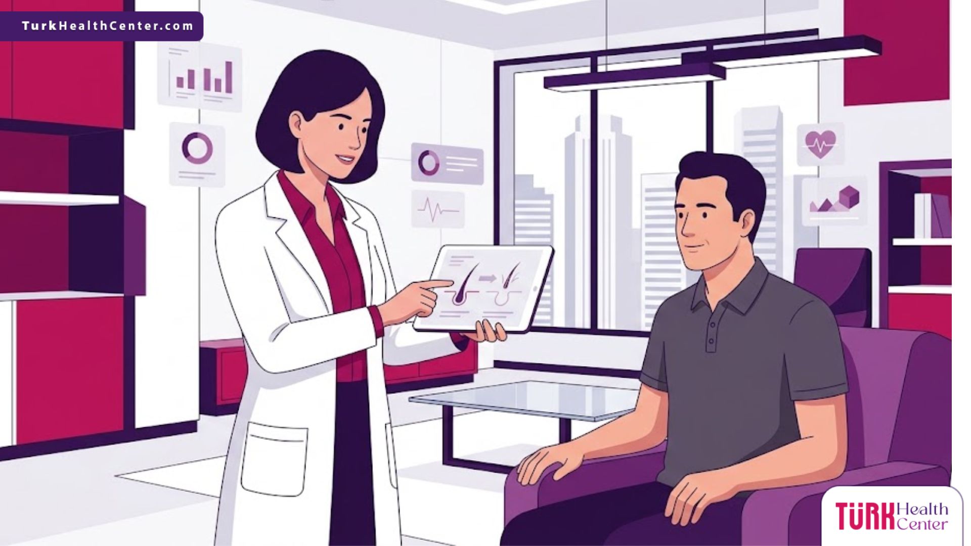 رسم توضيحي يوضح استشارة طبية حول زراعة الشعر هل لها اضرار في عيادة حديثة 