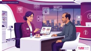 رسوم توضيحية لعيادة طبية فاخرة يشرح فيها الطبيب للمريض خطوات زراعة الشعر بالأسلوب الأمثل 