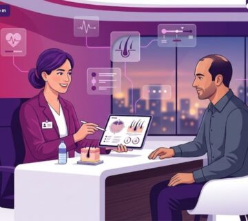 رسوم توضيحية لعيادة طبية فاخرة يشرح فيها الطبيب للمريض خطوات زراعة الشعر بالأسلوب الأمثل 