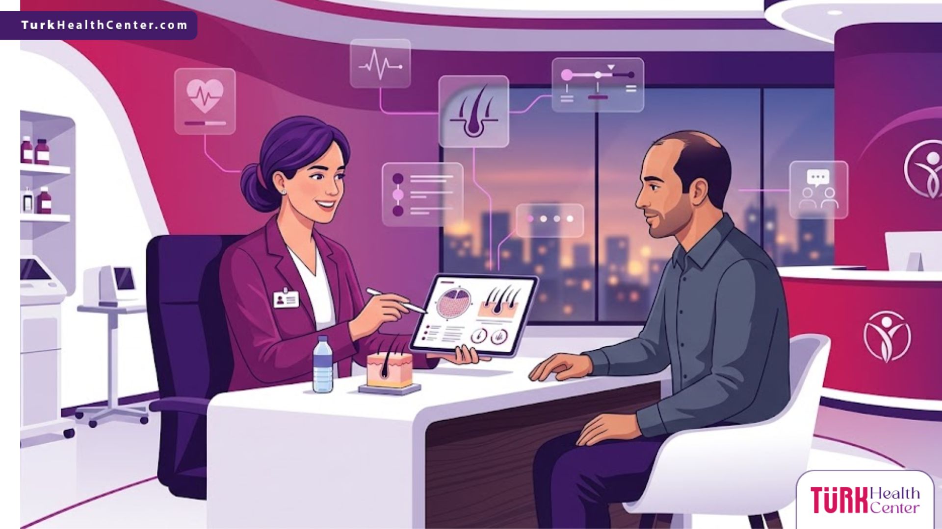 رسوم توضيحية لعيادة طبية فاخرة يشرح فيها الطبيب للمريض خطوات زراعة الشعر بالأسلوب الأمثل 