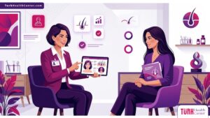 رسم توضيحي عصري يظهر طبيب يشرح خطوات عملية زراعة الشعر للمرأة لمريضة في عيادة فاخرة 