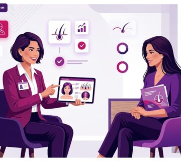 رسم توضيحي عصري يظهر طبيب يشرح خطوات عملية زراعة الشعر للمرأة لمريضة في عيادة فاخرة 