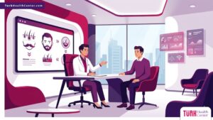 رسوم توضيحية لعيادة طبية حديثة تشرح خطوات زراعة الشنب والذقن للرجال بألوان احترافية 