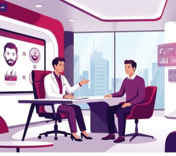 رسوم توضيحية لعيادة طبية حديثة تشرح خطوات زراعة الشنب والذقن للرجال بألوان احترافية 