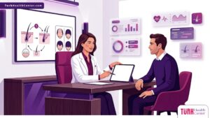 رسوم توضيحية لعيادة حديثة تشرح كيف أن زراعة الشعر الطبيعي تنهي مشكلة الصلع عبر استشارة طبية متخصصة 