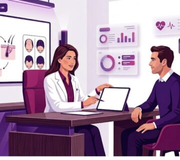 رسوم توضيحية لعيادة حديثة تشرح كيف أن زراعة الشعر الطبيعي تنهي مشكلة الصلع عبر استشارة طبية متخصصة 