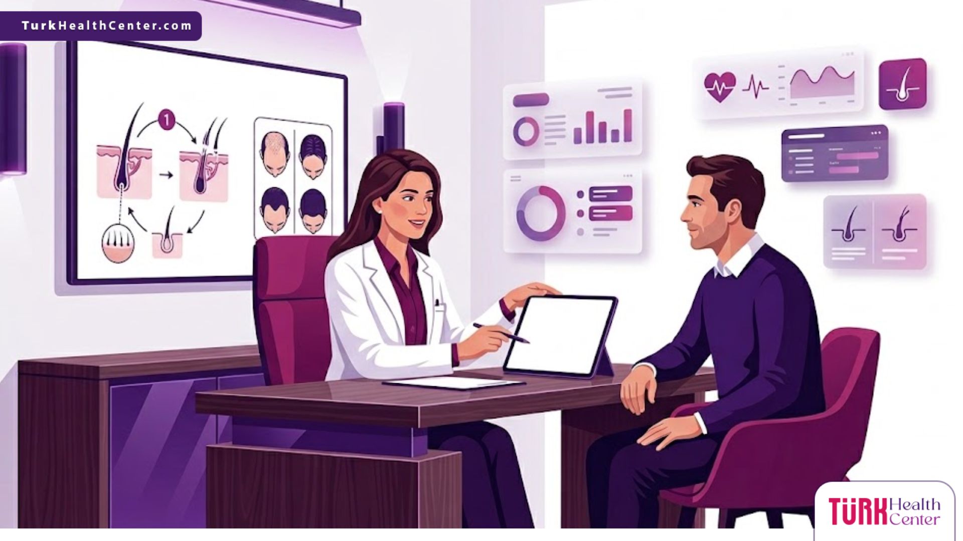 رسوم توضيحية لعيادة حديثة تشرح كيف أن زراعة الشعر الطبيعي تنهي مشكلة الصلع عبر استشارة طبية متخصصة 