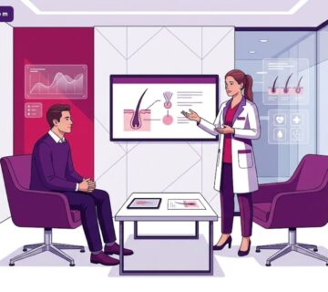 رسم توضيحي يوضح جلسة استشارية طبية لمناقشة مخاطر زراعة الشعر بتقنية السفير في تركيا في عيادة حديثة 