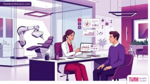 رسوم توضيحية لعيادة فاخرة تشرح تقنية زراعة الشعر بالروبوت في تركيا مع طبيب ومريض 