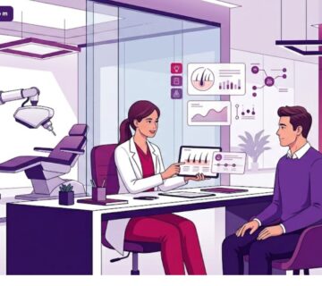 رسوم توضيحية لعيادة فاخرة تشرح تقنية زراعة الشعر بالروبوت في تركيا مع طبيب ومريض 