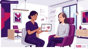 رسوم توضيحية راقية لطبيب يشرح خطوات زراعة الشعر للنساء داخل عيادة عصرية متخصصة 