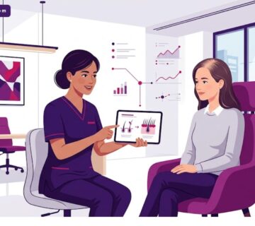 رسوم توضيحية راقية لطبيب يشرح خطوات زراعة الشعر للنساء داخل عيادة عصرية متخصصة 