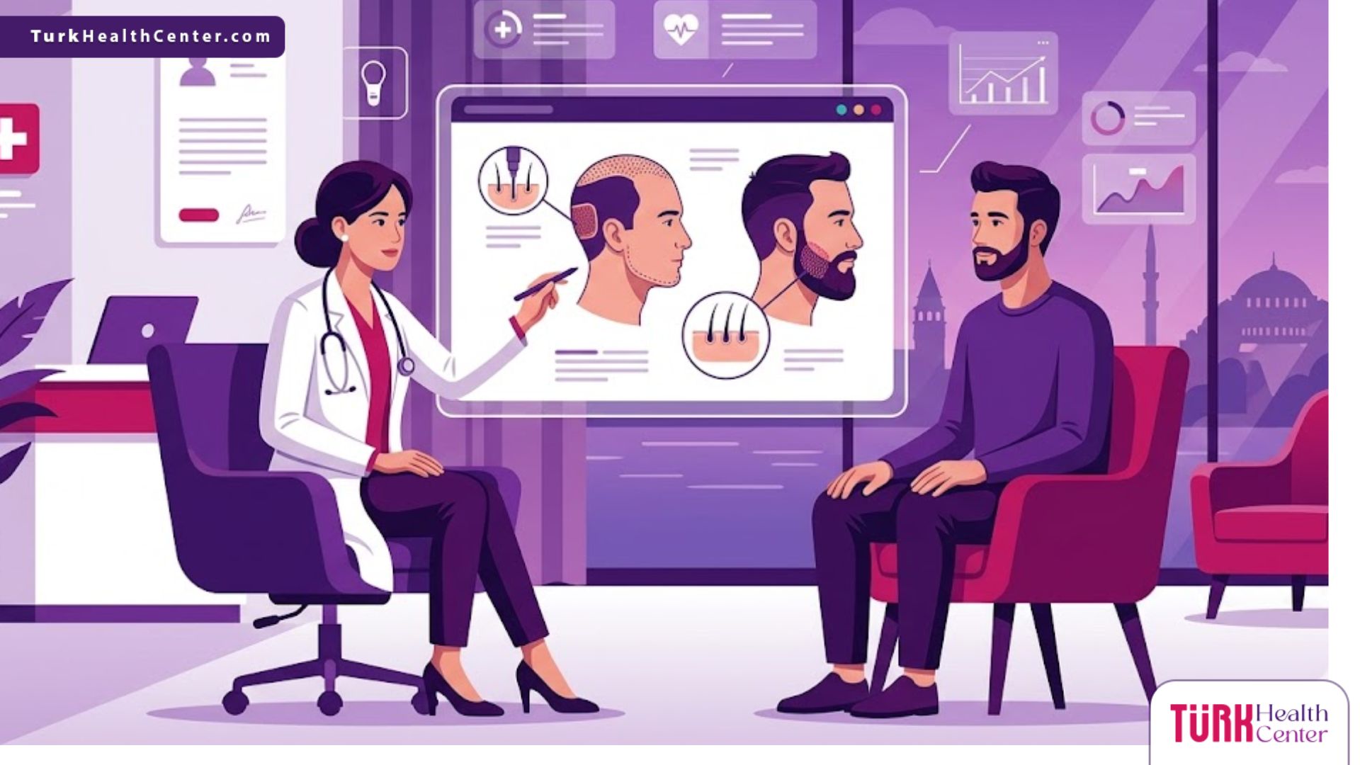 رسوم توضيحية لعيادة طبية حديثة تشرح خطوات زراعة اللحية في تركيا للمرضى 