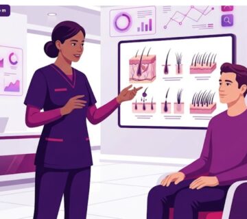 رسم توضيحي يظهر طبيب يشرح عملية زراعة الشعر الطبيعي و الدائم لمريض في عيادة فاخرة 