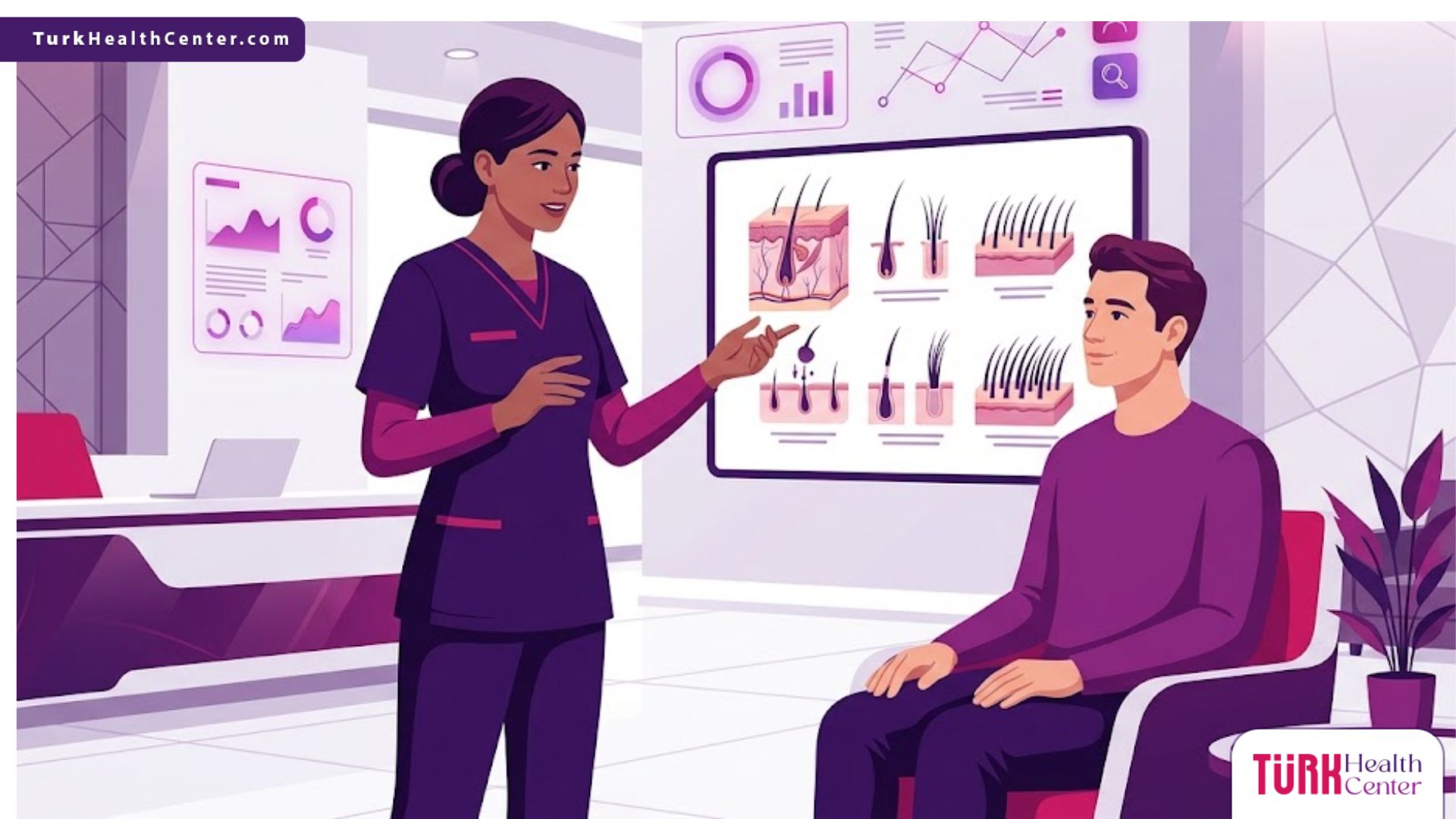 رسم توضيحي يظهر طبيب يشرح عملية زراعة الشعر الطبيعي و الدائم لمريض في عيادة فاخرة 