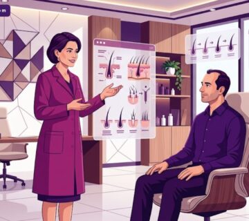 رسم توضيحي عصري يظهر طبيبًا يشرح خطوات عملية زراعة الشعر لمريض في عيادة فاخرة بألوان أرجوانية احترافية 