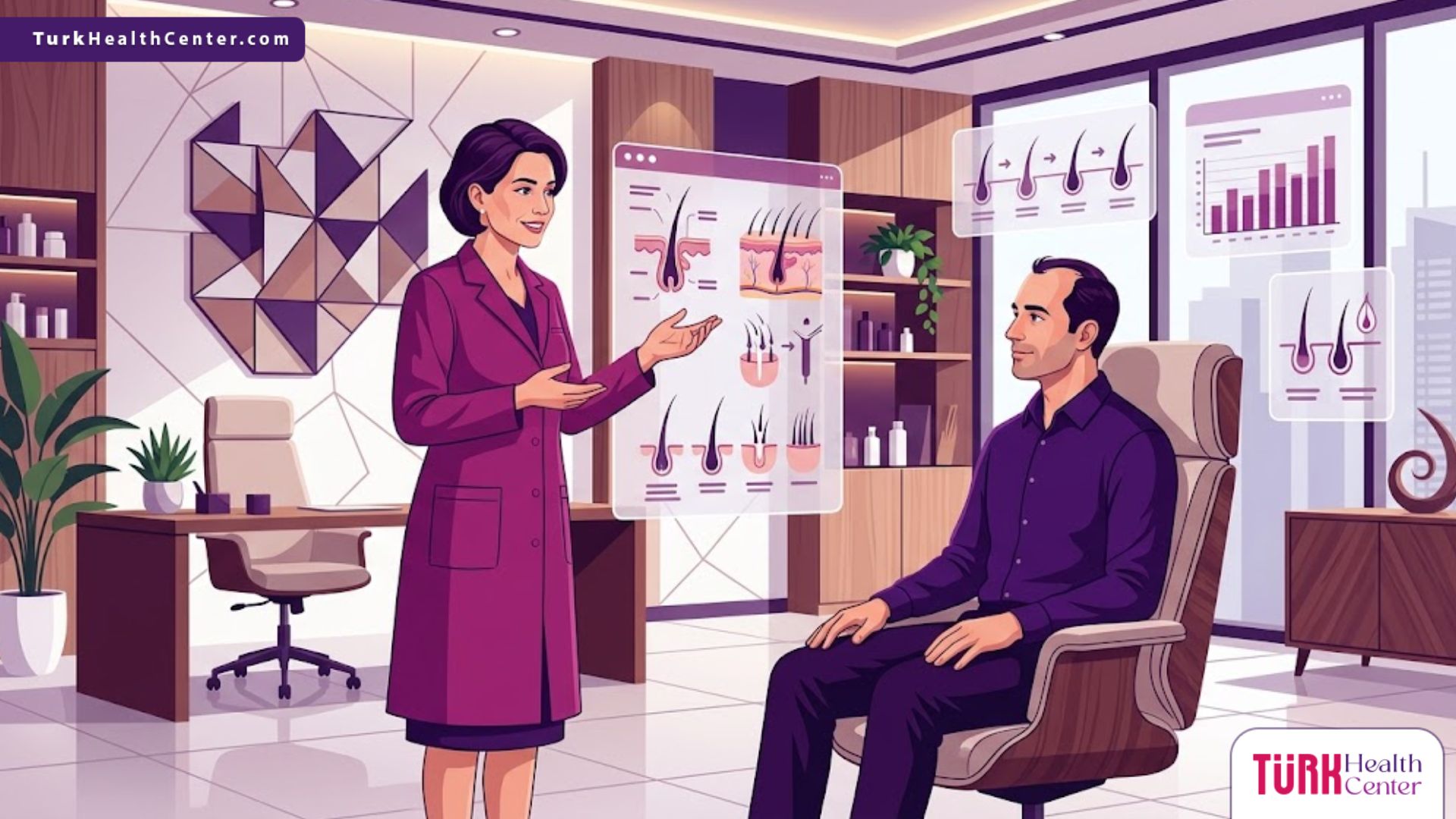 رسم توضيحي عصري يظهر طبيبًا يشرح خطوات عملية زراعة الشعر لمريض في عيادة فاخرة بألوان أرجوانية احترافية 