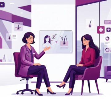 رسم توضيحي فني لعيادة فاخرة تشرح فيها الطبيبة تقنية زراعة الشعر للنساء بدون حلاقة لمريضة 