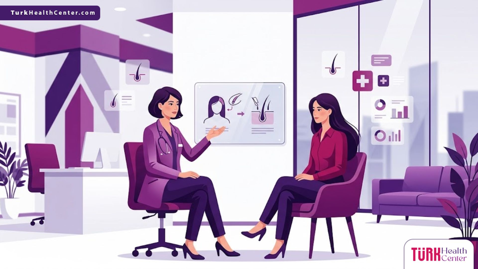 رسم توضيحي فني لعيادة فاخرة تشرح فيها الطبيبة تقنية زراعة الشعر للنساء بدون حلاقة لمريضة 