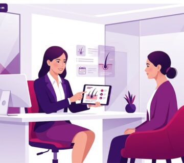 رسوم توضيحية لعيادة طبية حديثة تشرح عملية زراعة الشعر النساء بألوان متناغمة 