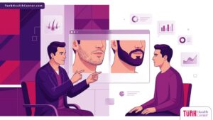 رسوم توضيحية (Vector) لطبيب يشرح خطوات زراعة اللحية قبل وبعد لمريض في عيادة حديثة 