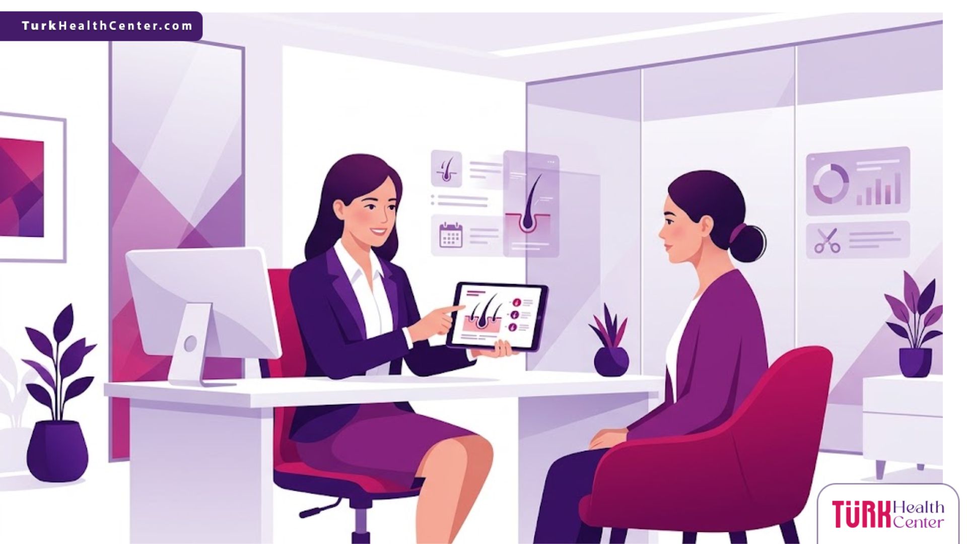 رسوم توضيحية لعيادة طبية حديثة تشرح عملية زراعة الشعر النساء بألوان متناغمة 