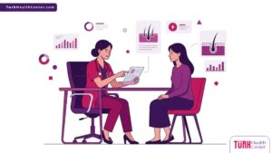 رسم توضيحي عصري لعيادة طبية يظهر طبيباً يشرح خطوات زراعة الشعر للنساء في الرياض لمريضة في بيئة احترافية 