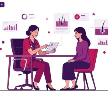 رسم توضيحي عصري لعيادة طبية يظهر طبيباً يشرح خطوات زراعة الشعر للنساء في الرياض لمريضة في بيئة احترافية 