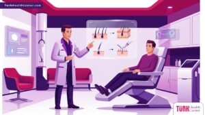 رسم توضيحي يظهر طبيباً يشرح تقنية زراعة الشعر بالقلم تشوي CHOI داخل عيادة حديثة 