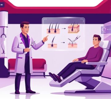 رسم توضيحي يظهر طبيباً يشرح تقنية زراعة الشعر بالقلم تشوي CHOI داخل عيادة حديثة 
