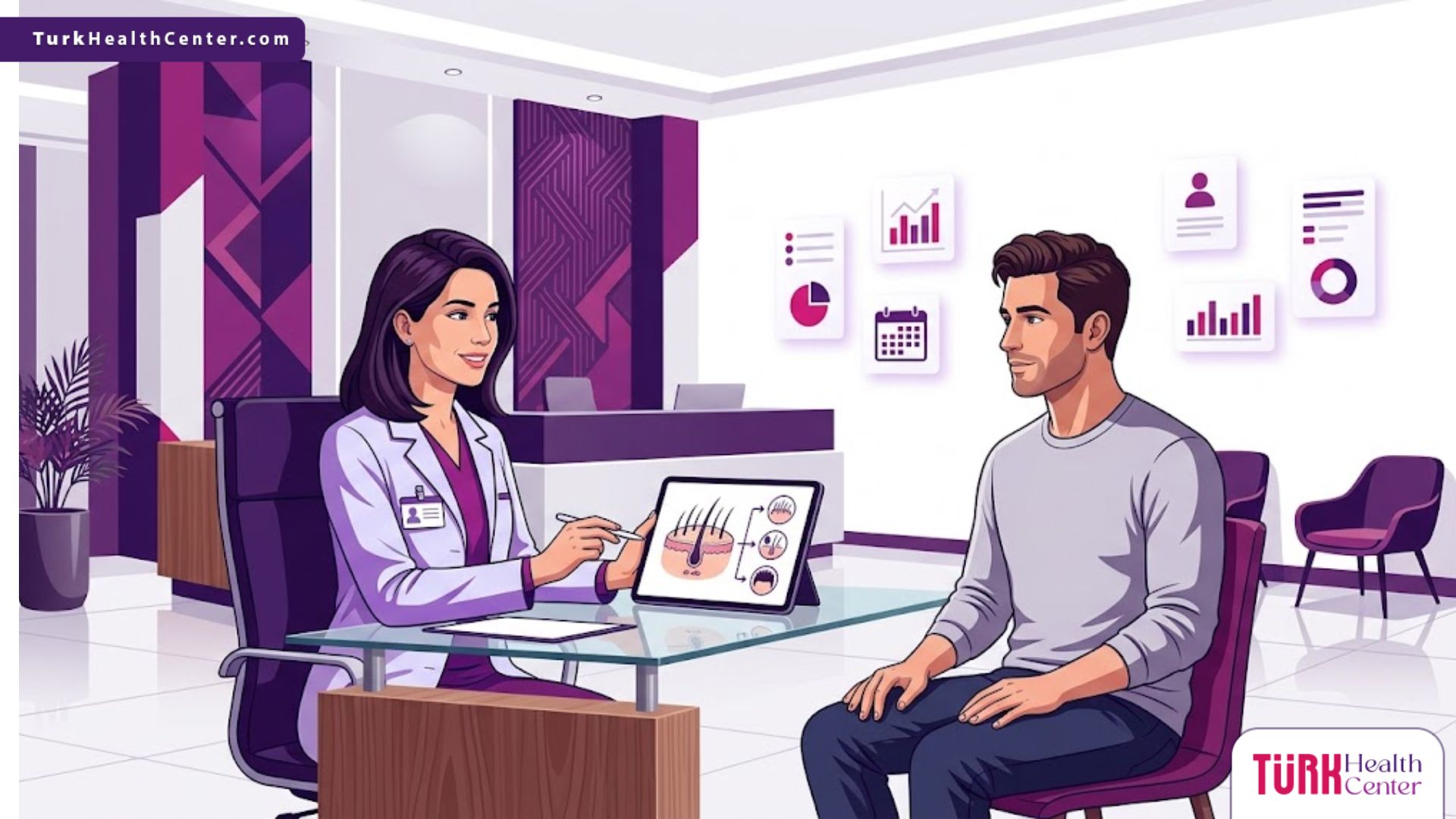رسم توضيحي يظهر طبيب يشرح عملية زراعة تكثيف الشعر لمريض في عيادة فاخرة 