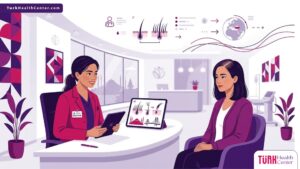 رسم توضيحي يظهر طبيب يشرح عملية زراعة الشعر للنساء في تركيا لمريضة في عيادة فاخرة 