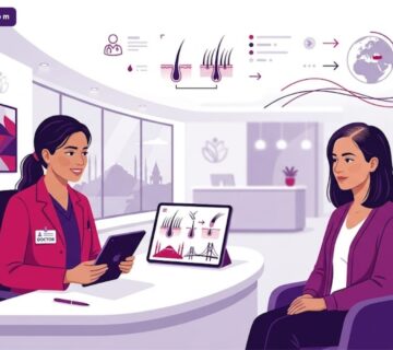 رسم توضيحي يظهر طبيب يشرح عملية زراعة الشعر للنساء في تركيا لمريضة في عيادة فاخرة 