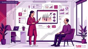 رسم توضيحي عصري يظهر طبيب يشرح مزايا زراعة الشعر بتقنية DHI لمريض داخل عيادة فاخرة 