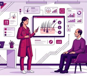 رسم توضيحي عصري يظهر طبيب يشرح مزايا زراعة الشعر بتقنية DHI لمريض داخل عيادة فاخرة 