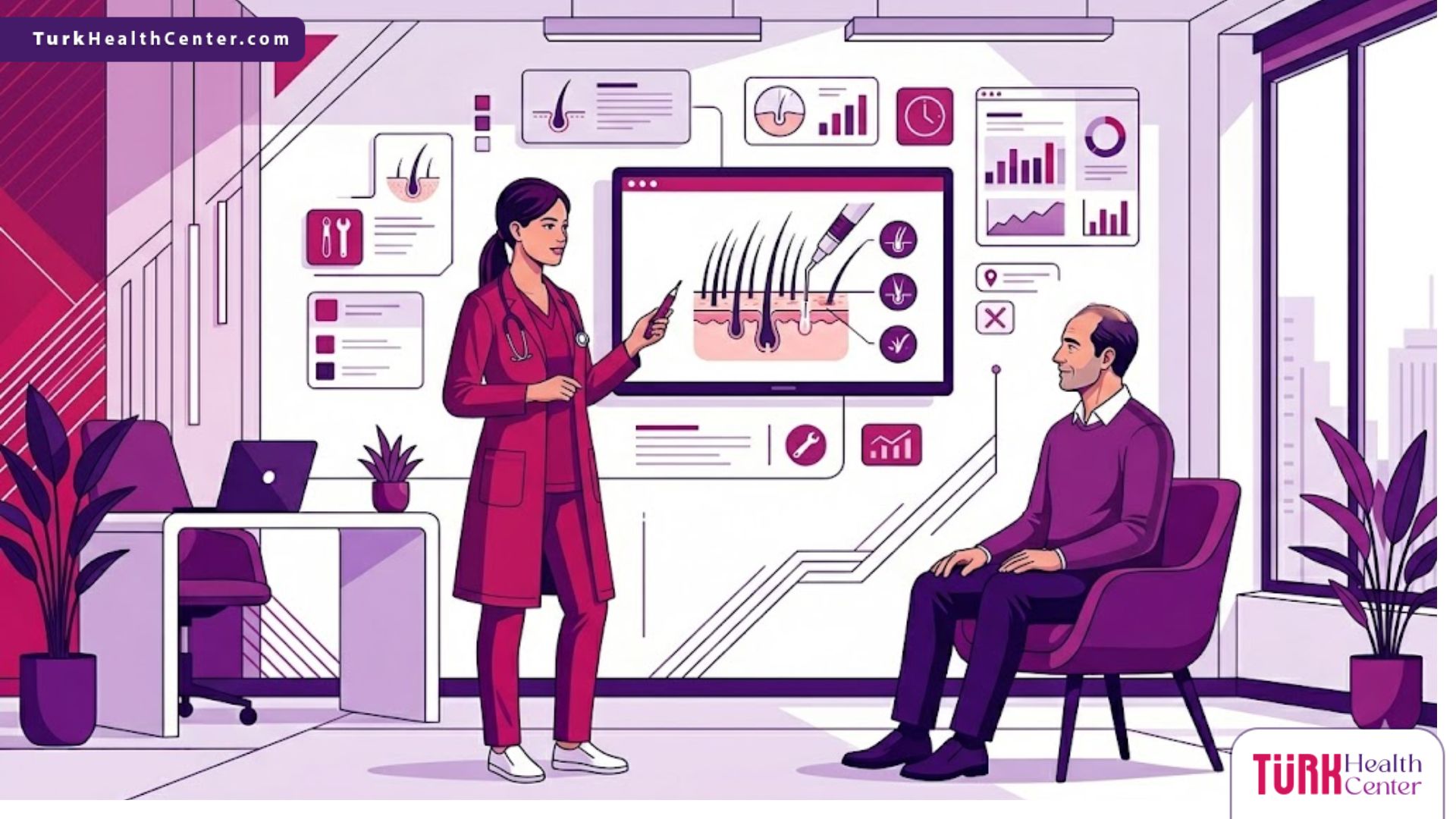 رسم توضيحي عصري يظهر طبيب يشرح مزايا زراعة الشعر بتقنية DHI لمريض داخل عيادة فاخرة 