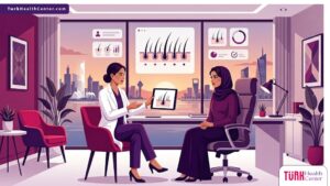 رسم توضيحي عصري يظهر طبيبًا يشرح خطوات زراعة الشعر للنساء في جدة لمريضة داخل عيادة فاخرة 