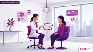 رسوم توضيحية فاخرة تظهر طبيباً يشرح خطوات زراعة شعر الحواجب لمريضة في عيادة عصرية 