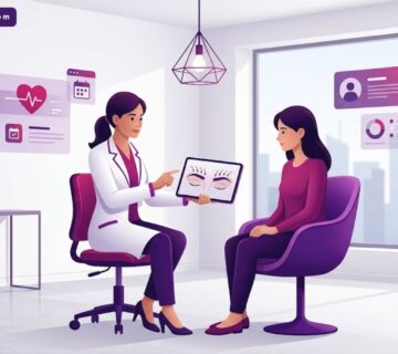 رسوم توضيحية فاخرة تظهر طبيباً يشرح خطوات زراعة شعر الحواجب لمريضة في عيادة عصرية 