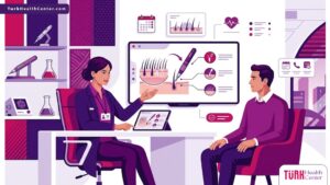 رسم توضيحي عصري لعيادة متخصصة توضح خطوات زراعة الشعر بتقنية DHI اقلام تشوي Choi 