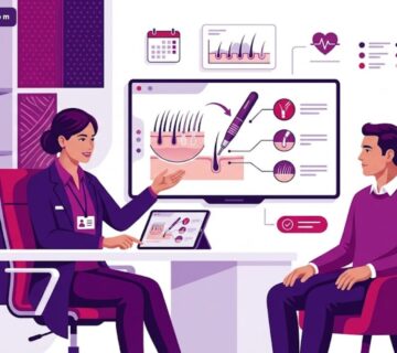 رسم توضيحي عصري لعيادة متخصصة توضح خطوات زراعة الشعر بتقنية DHI اقلام تشوي Choi 