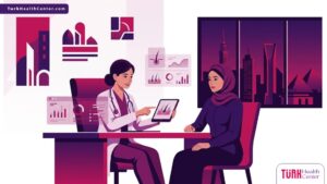 رسم توضيحي يظهر طبيباً يشرح خطوات زراعة الشعر للنساء في مصر لمريضة داخل عيادة فاخرة بألوان أرجوانية عصرية 