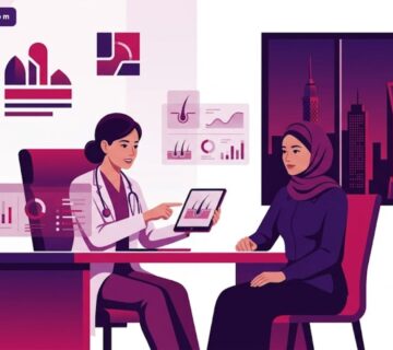 رسم توضيحي يظهر طبيباً يشرح خطوات زراعة الشعر للنساء في مصر لمريضة داخل عيادة فاخرة بألوان أرجوانية عصرية 