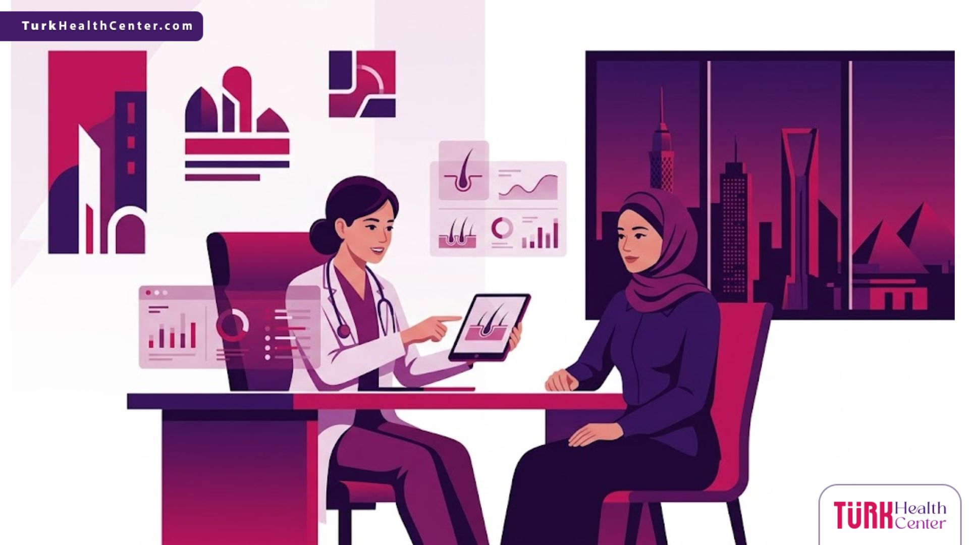 رسم توضيحي يظهر طبيباً يشرح خطوات زراعة الشعر للنساء في مصر لمريضة داخل عيادة فاخرة بألوان أرجوانية عصرية 